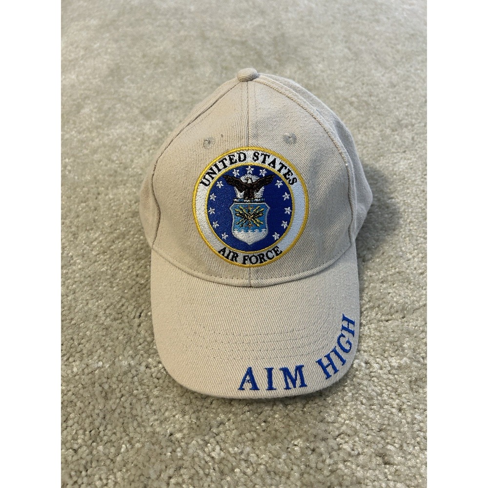 Vintage United States Air Force Aim High Hat Beige Twill Fly Fight Win